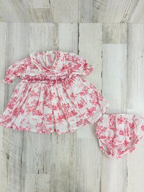 La Coqueta Pink Toile Smocked Dress Set Baby Girls Sz 12 M